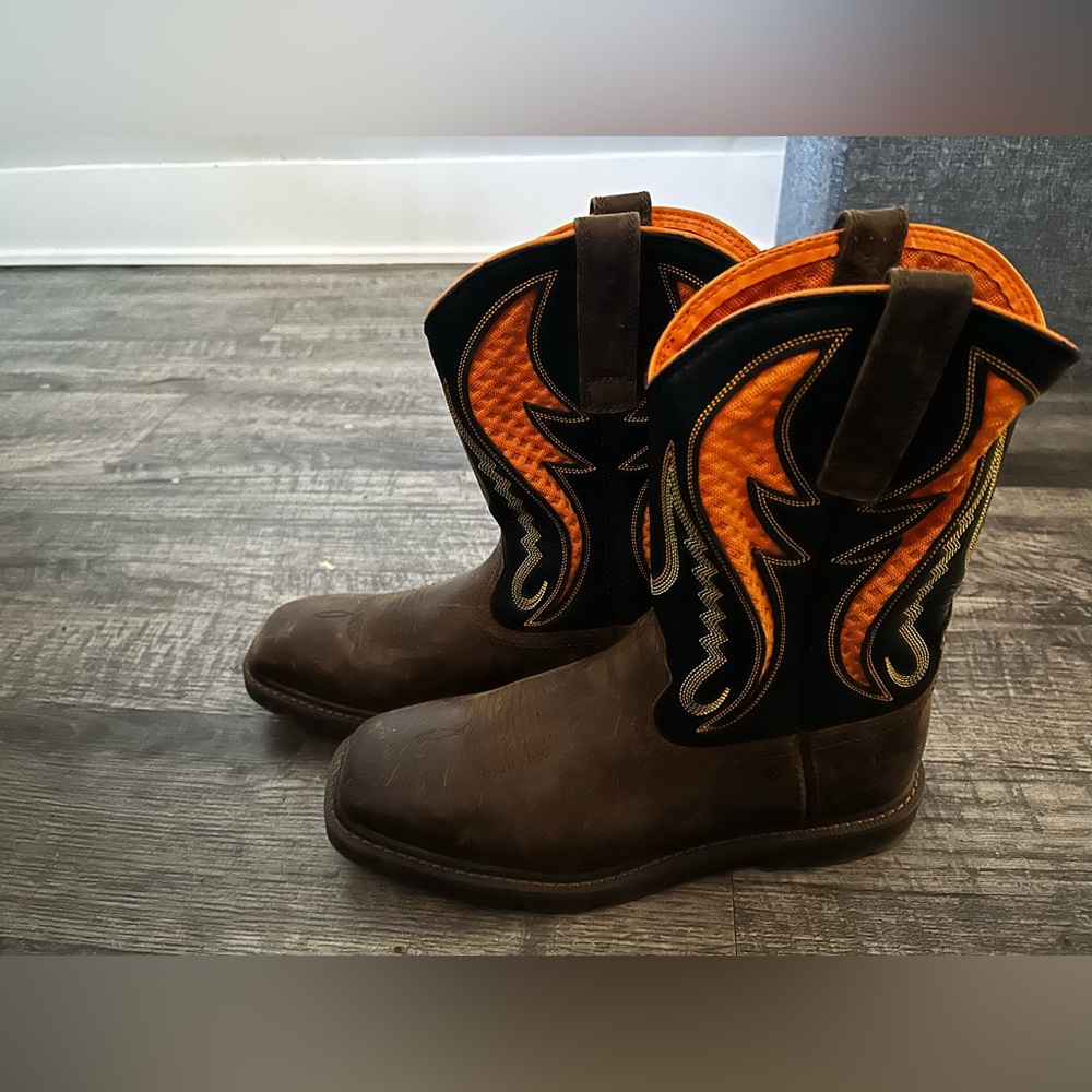 Ariat Brown Leather Cowboy Boots with Orange and Black, men’s size 9